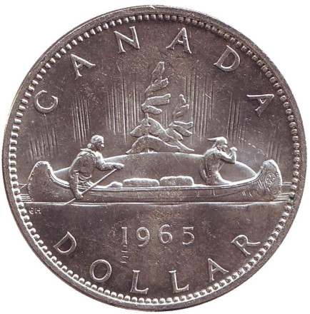 Монета 1 доллар. 1965 год, Канада. Каноэ.