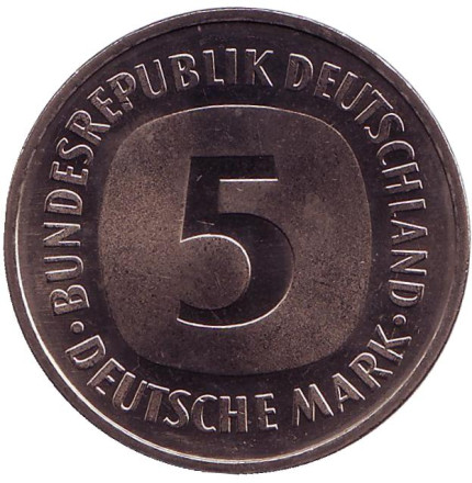 Монета 5 марок. 1983 год (G), Германия. UNC.