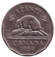 Монета 5 центов, 1959 год, Канада. Бобр.