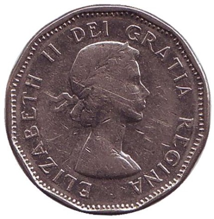 Монета 5 центов, 1959 год, Канада. Бобр. Монета 5 центов, 1959 год, Канада. Бобр.