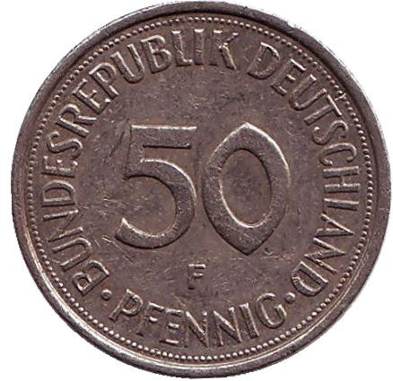 Монета 50 пфеннигов. 1983 год (F), ФРГ. Женщина, сажающая дуб.