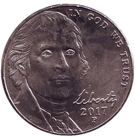 Монета 5 центов. 2017 год (P), США. Монтичелло.