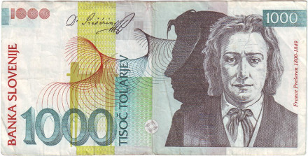 Банкнота 1000 толаров. 1993 год, Словения. Франце Прешерн.