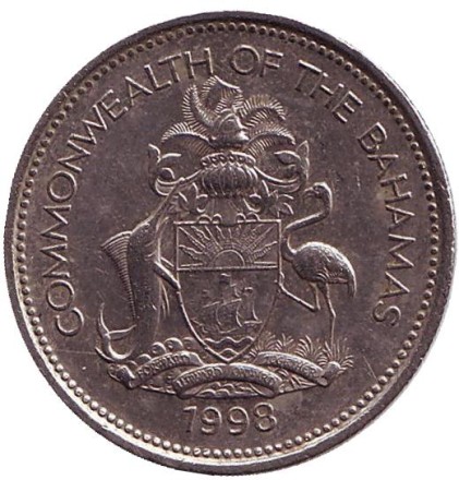 Монета 25 центов. 1998 год, Багамские острова. Парусник. Монета 25 центов. 1998 год, Багамские острова. Парусник.