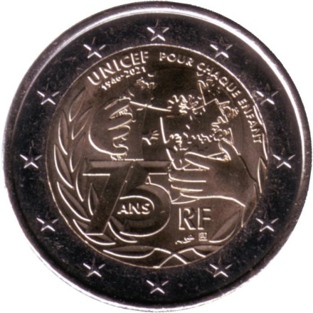 Монета 2 евро. 2021 год, Франция. 75 лет ЮНИСЕФ.