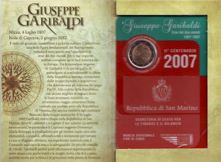 Монета 2 евро. 2007 год, Сан-Марино. (в буклете) 200 лет со дня рождения Джузеппе Гарибальди. Монета 2 евро. 2007 год, Сан-Марино. (в буклете) 200 лет со дня рождения Джузеппе Гарибальди.