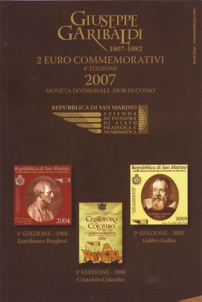 Монета 2 евро. 2007 год, Сан-Марино. (в буклете) 200 лет со дня рождения Джузеппе Гарибальди. Монета 2 евро. 2007 год, Сан-Марино. (в буклете) 200 лет со дня рождения Джузеппе Гарибальди.