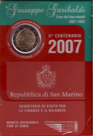 Монета 2 евро. 2007 год, Сан-Марино. (в буклете) 200 лет со дня рождения Джузеппе Гарибальди. Монета 2 евро. 2007 год, Сан-Марино. (в буклете) 200 лет со дня рождения Джузеппе Гарибальди.