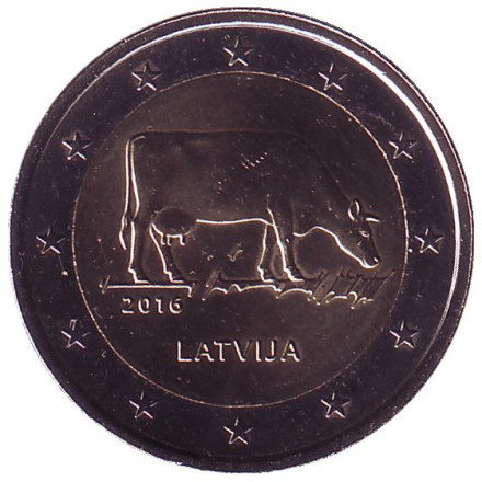 Монета 2 евро. 2016 год, Латвия. Корова.