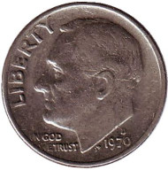 Монета 10 центов. 1970 (D) год, США. Рузвельт. Монета 10 центов. 1970 (D) год, США. Рузвельт.