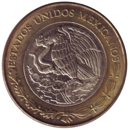 Монета 10 песо. 1999 год, Мексика. Тонатиу. Ацтекский солнечный камень. Орел.