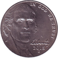 Монета 5 центов. 2015 год (D), США. Монтичелло. Монета 5 центов. 2015 год (D), США. Монтичелло.