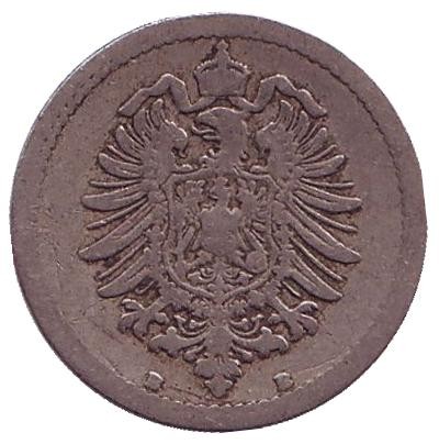 Монета 5 пфеннигов. 1876 год (B), Германская империя. Монета 5 пфеннигов. 1876 год (B), Германская империя.