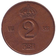 Монета 2 эре. 1952 год, Швеция. Монета 2 эре. 1952 год, Швеция.