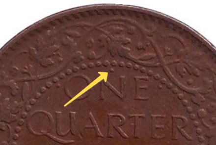 Монета 1/4 анны. 1939 год, Индия Британская. (Отметка над "ONE": "•" - Бомбей).