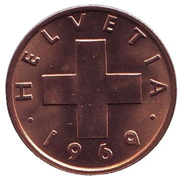 Монета 1 раппен. 1969 год, Швейцария. UNC. Монета 1 раппен. 1969 год, Швейцария. UNC.