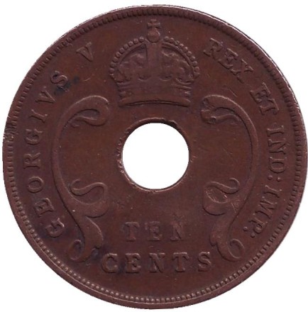 Монета 10 центов. 1928 год, Восточная Африка. Монета 10 центов. 1928 год, Восточная Африка.