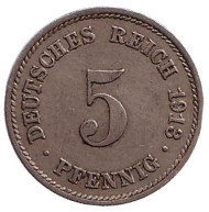 Монета 5 пфеннигов. 1913 год (E), Германская империя. Монета 5 пфеннигов. 1913 год (E), Германская империя.