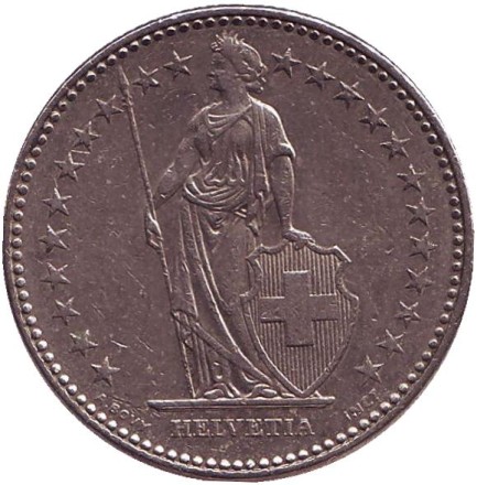 Монета 2 франка. 1987 год, Швейцария. Гельвеция. Монета 2 франка. 1987 год, Швейцария. Гельвеция.
