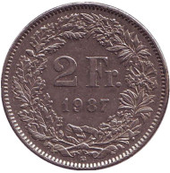 Монета 2 франка. 1987 год, Швейцария. Гельвеция. Монета 2 франка. 1987 год, Швейцария. Гельвеция.