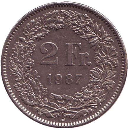 Монета 2 франка. 1987 год, Швейцария. Гельвеция.