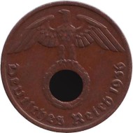 Монета 1 рейхспфенниг. 1936 год, Германия (Третий Рейх). (A). Монета 1 рейхспфенниг. 1936 год, Германия (Третий Рейх). (A).