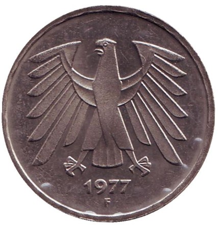 Монета 5 марок. 1977 год (F), ФРГ. Монета 5 марок. 1977 год (F), ФРГ.