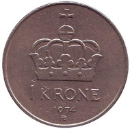 Монета 1 крона. 1974 год, Норвегия. Корона. Монета 1 крона. 1974 год, Норвегия. Корона.