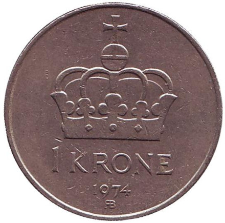 Монета 1 крона. 1974 год, Норвегия. Корона.