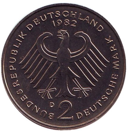 Монета 2 марки. 1982 год (D), ФРГ. Теодор Хойс. Монета 2 марки. 1982 год (D), ФРГ. Теодор Хойс.