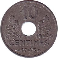 Монета 10 сантимов. 1943 год, Франция. Режим Виши. (Старый тип: Диаметр 21 мм) Монета 10 сантимов. 1943 год, Франция. Режим Виши. (Старый тип: Диаметр 21 мм)