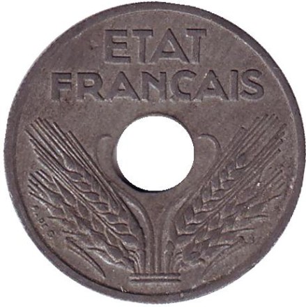Монета 10 сантимов. 1943 год, Франция. Режим Виши. (Старый тип: Диаметр 21 мм)