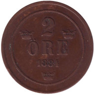 Монета 2 эре. 1884 год, Швеция. Монета 2 эре. 1884 год, Швеция.