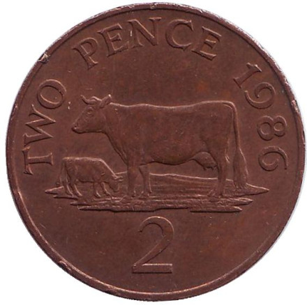 Монета 2 пенса. 1986 год, Гернси. Корова.