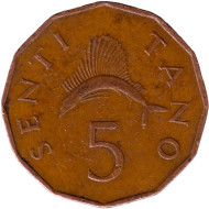 Монета 5 сенти. 1972 год, Танзания. Парусник (рыба).
