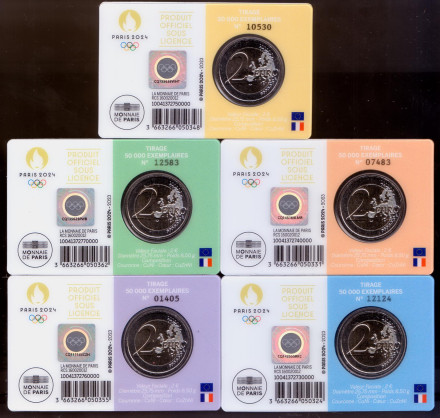 Набор из 5 монет номиналом 2 евро в коинкартах. 2023 год, Франция. XXXIII летние Олимпийские игры, Париж 2024. Набор из 5 монет номиналом 2 евро в коинкартах. 2023 год, Франция. XXXIII летние Олимпийские игры, Париж 2024.