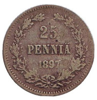 Монета 25 пенни. 1897 год, Финляндия в составе Российской Империи. Монета 25 пенни. 1897 год, Финляндия в составе Российской Империи.