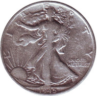 Монета 50 центов. 1945 год (S), США. Шагающая свобода. Монета 50 центов. 1945 год (S), США. Шагающая свобода.