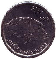 Монета 50 центов. 2012 год, Фиджи. Костная морская рыба. Фиджийское каноэ. Монета 50 центов. 2012 год, Фиджи. Костная морская рыба. Фиджийское каноэ.