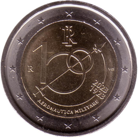 Монета 2 евро. 2023 год, Италия. 100 лет Военно-воздушным силам.