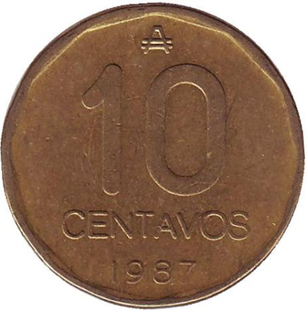 Монета 10 сентаво. 1987 год, Аргентина.