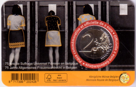 Монета 2 евро. 2023 год, Бельгия. 75 лет женского избирательного права в Бельгии. (Надпись: Belgie).