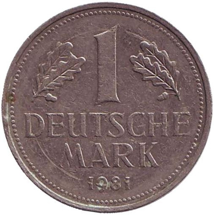 Монета 1 марка. 1981 год (J), ФРГ. Из обращения.
