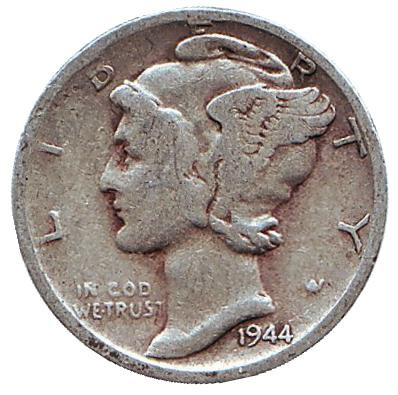 Монета 10 центов. 1944 год, США. Монетный двор S. Меркурий.