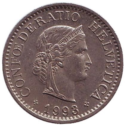 Монета 10 раппенов. 1993 год, Швейцария. Монета 10 раппенов. 1993 год, Швейцария.