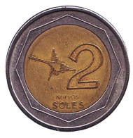 Монета 2 новых соля. 2005 год, Перу. Монета 2 новых соля. 2005 год, Перу.