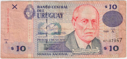 Банкнота 10 песо. 1998 год, Уругвай.