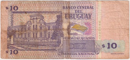 Банкнота 10 песо. 1998 год, Уругвай. Банкнота 10 песо. 1998 год, Уругвай.
