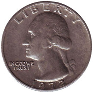 Монета 25 центов. 1972 год, США. Вашингтон. Монета 25 центов. 1972 год, США. Вашингтон.