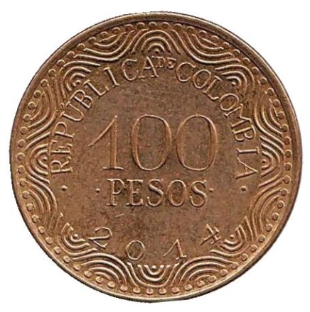 Монета 100 песо. 2014 год, Колумбия. Фрайлехон.